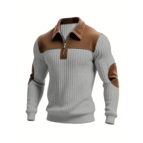 Notched-collar Patchwork Knit Top With Embroidered Zipper Hoodie (Option: Gray-S)